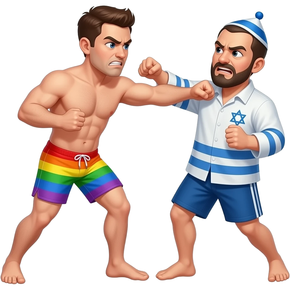 Angry Gay man wearing no shirt and a rainbow speedo beating the shit out of a Jewish man emoji