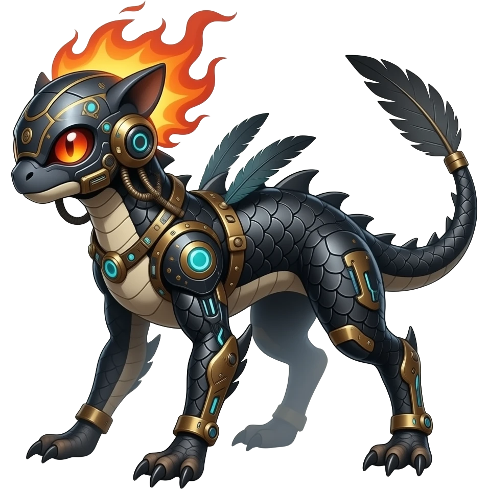 Cool edgy fiery bipedal scaly cybernetic visor-helmeted, Circuitry-patterned black-scaled digitigrade futuristic fantasy-Cyberpunk-Steampunk-Solarpunk-Genesect-Cyclizar-Salandit-Protogen-Fakémon-animal-hybrid, feathery, tail blade, back spikes emoji