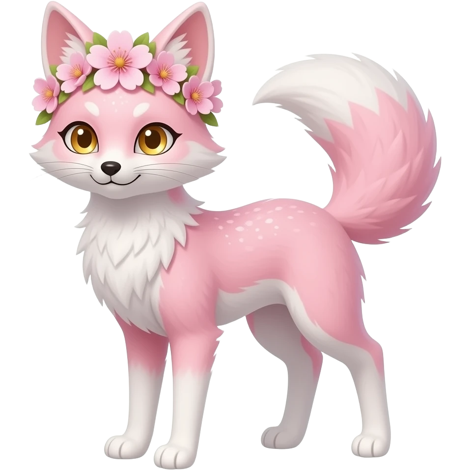 Elegant, flower-crowned Sakura petite tall thin realistic lanky aesthetic golden-eyed sparkling glittering pastel pink and white oriental Kitsune-fox, tall furry legs, long thin tail, long thin tufted ears swept backwards emoji