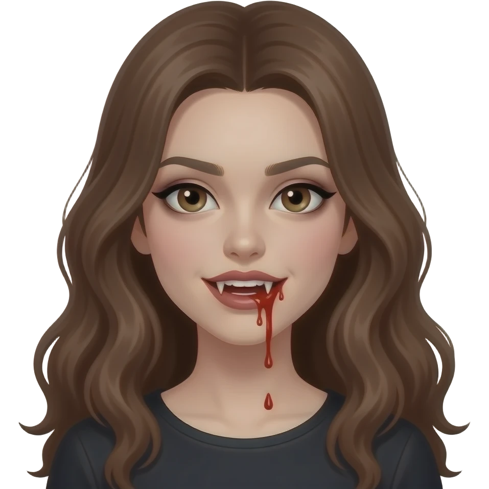 A vampire girl with long wavy brown hair, fangs, and blood dripping from her mouth and with a little blood on her face, a somewhat dark appearance with pale skin and not very pronounced dark circles under her eyes, in the style of iOS 16. emoji