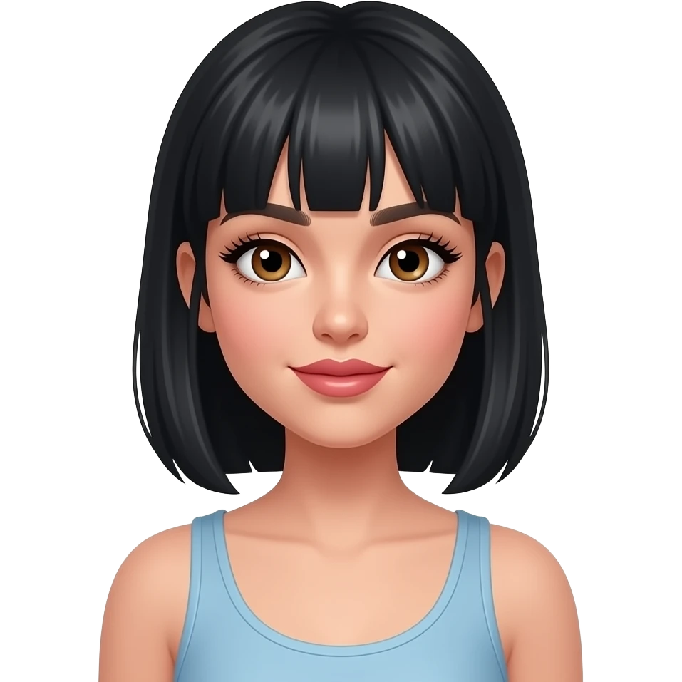 white girl, very beautiful woman, with big plump lips, long long lashes, black straight hair medium length with hair tucked behind ears, brown eyes, light blue tank emoji