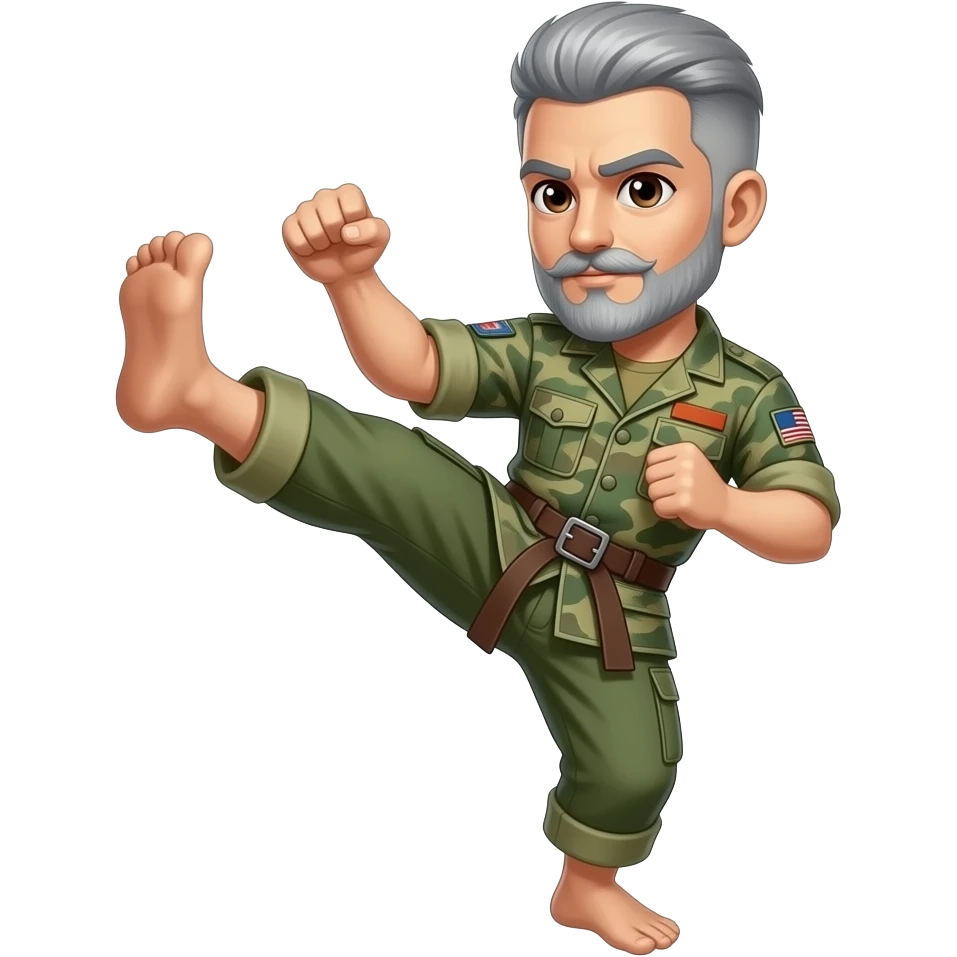 No BEARD,  military style hair cut gray  with a mustache doing a karate kick and brown eyes and Brown Belt emoji