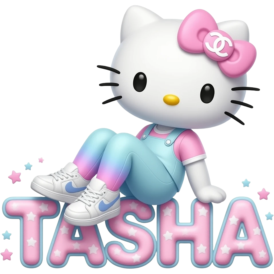 4D Velvety fur texture hello kitty wearing ombre white and blue and pink ombre pastel colored leggings and sneakers, and with the Chanel symbol on her ombre pastel bow sitting sideways leaning back on top of the velvety 3D outlined letters TASHA surrounded with tiny ombre pastel stars made of candy emoji