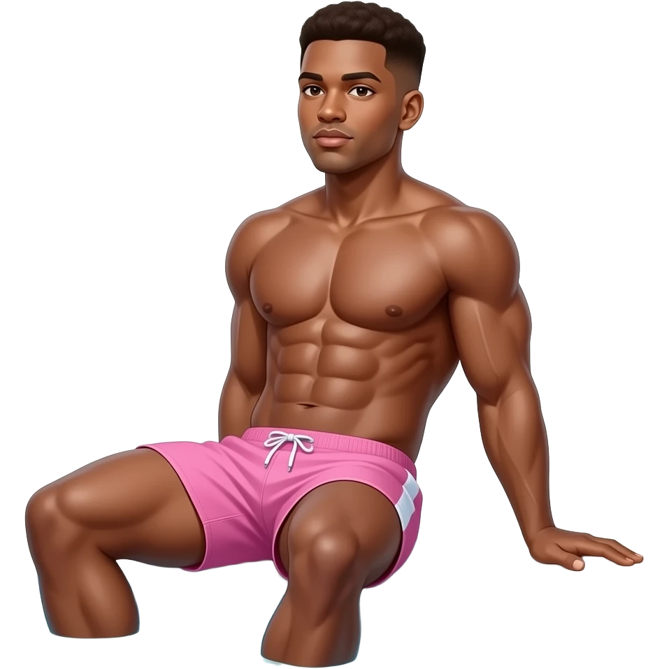 black skinned 22 year old man with a brown low taper fade sitting at the pool laying back tanning with abs, giant muscles, and pink swimtrunks emoji