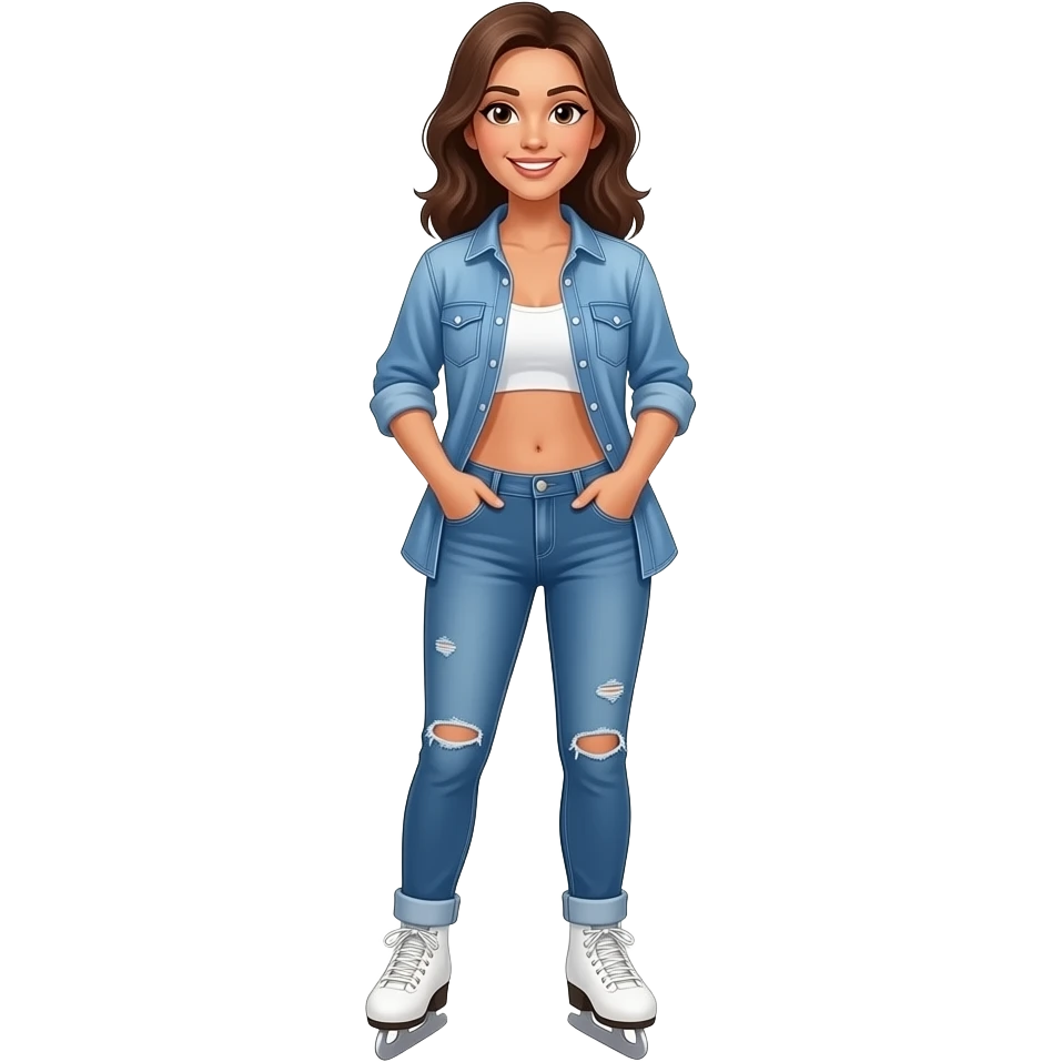 A full-length shot of a smile skate woman in opened unbuttoned  jeans, her pants unbuttoned topless, thong. Her jeans shirt is unbuttoned and her hands are in her pockets. emoji