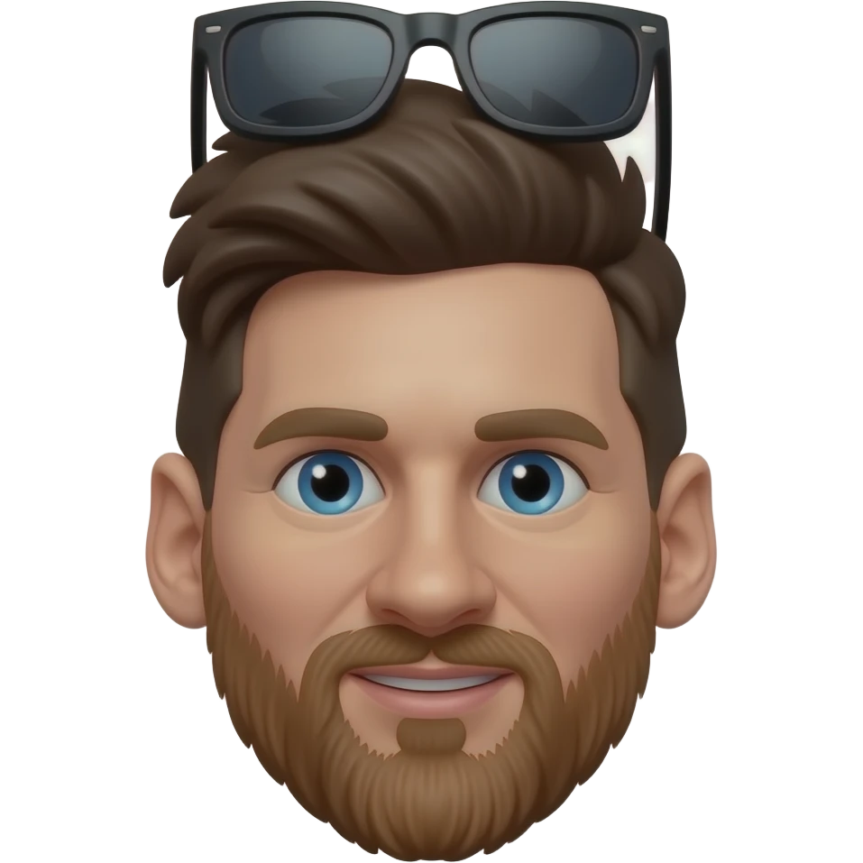 Messi-inspired 3D emoji, same face every time, 2 small black sunglasses floating above head. emoji