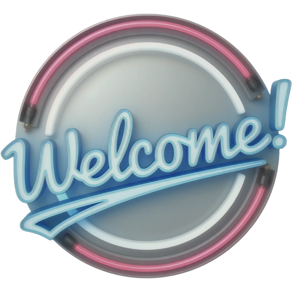 the word "Welcome!", neon, synthwave emoji