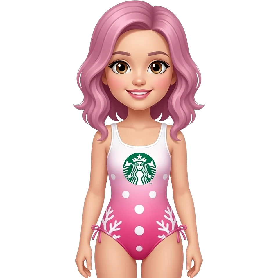 A pink girl wears a pink white gradient swimsuit white dots and pink big dots and white pink gradient corals and starbucks one piece swimsuit emoji