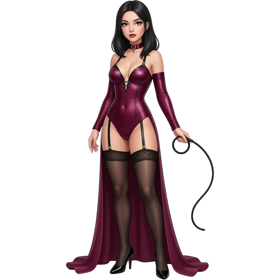 dominatrix with burgundy, very straight, shoulder-length hair. Standing up, wearing black stiletto heels, holding a whip. emoji