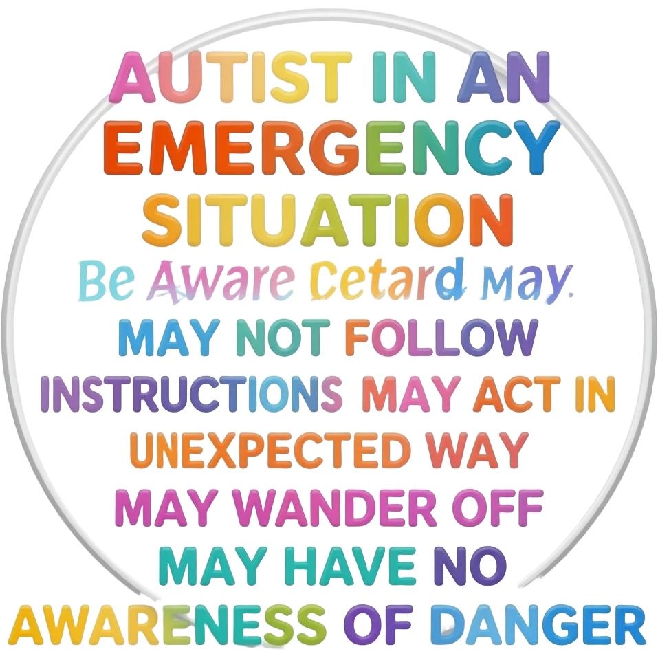 Primary Color Bubbly Cute Relief Primary Colors Girly Scribbly Font says "AUTIST IN AN EMERGENCY SITUATION  Please Be Aware Retard May: MAY NOT SPEAK  MAY NOT FOLLOW INSTRUCTIONS  MAY ACT IN AN UNEXPECTED WAY  MAY WANDER OFF  MAY HAVE NO AWARENESS OF DANGER" only text primary colors childish font emoji