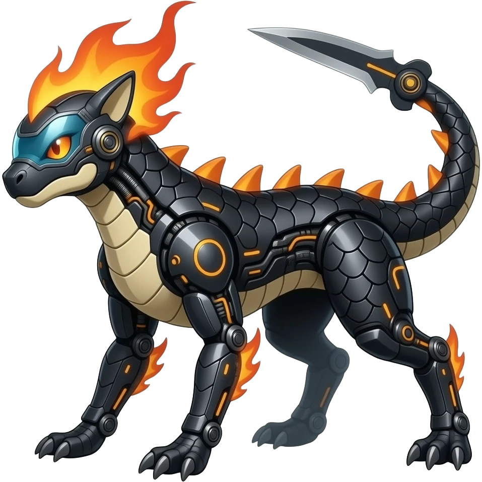Cool edgy fiery bipedal scaly cybernetic visor-helmeted, Circuitry-patterned black-scaled digitigrade futuristic fantasy-Cyberpunk-Steampunk-Solarpunk-Genesect-Cyclizar-Salandit-Protogen-Fakémon-hybrid, tail blade, back spikes emoji