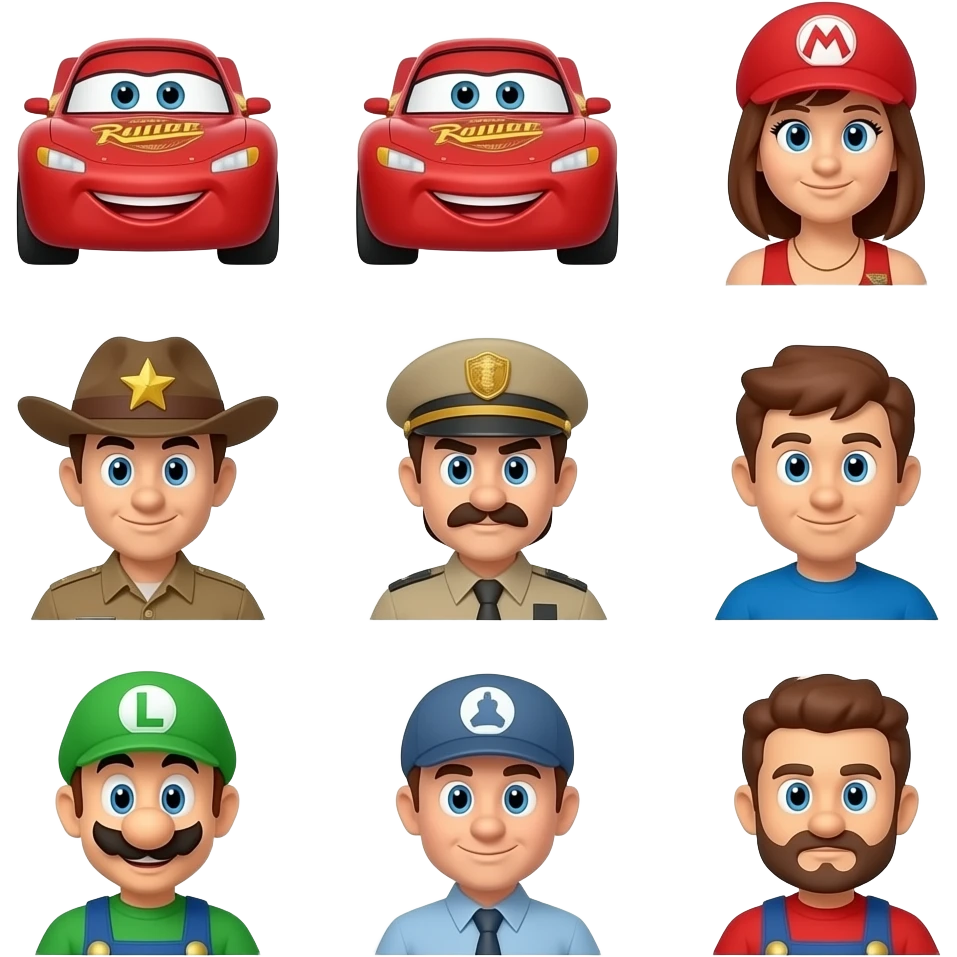 Lightning McQueen, tow mater, sally carrera, red, sheriff, sarge, Fillmore, Luigi, guido, and ramone Roblox logo emoji