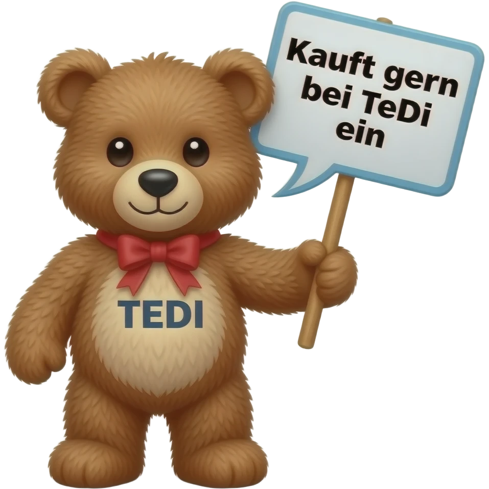 einen Teddy mit einem Schild in der hand wo drauf steht „TEDI“ der teddy ist braun und sagt in einer sprechblase: „Kauft gern bei TEDI ein“ in german (deutsch) emoji
