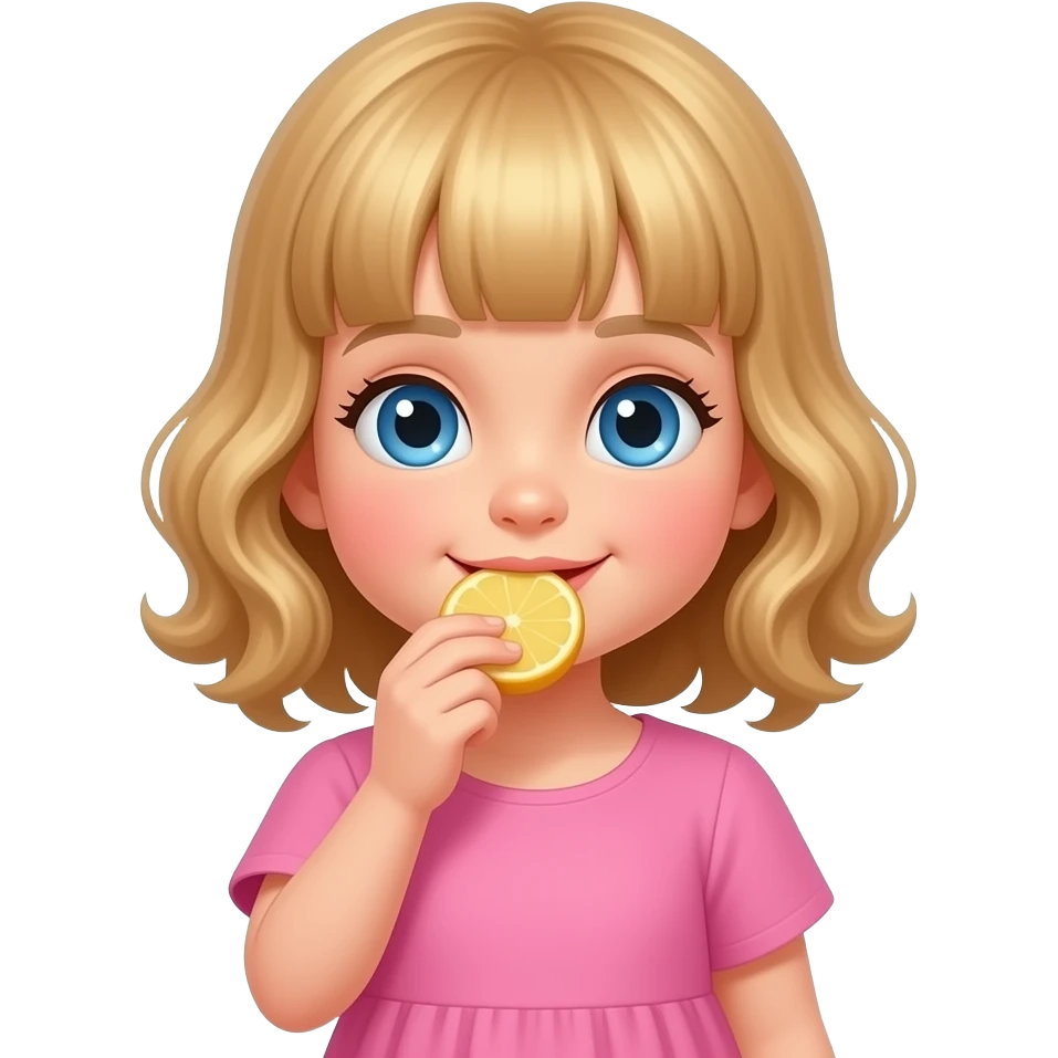 white kid blue eyes mid length with bangs soft curly hair to shoulders in color: middle to little darker blonde, in pink dress, eating lunch emoji