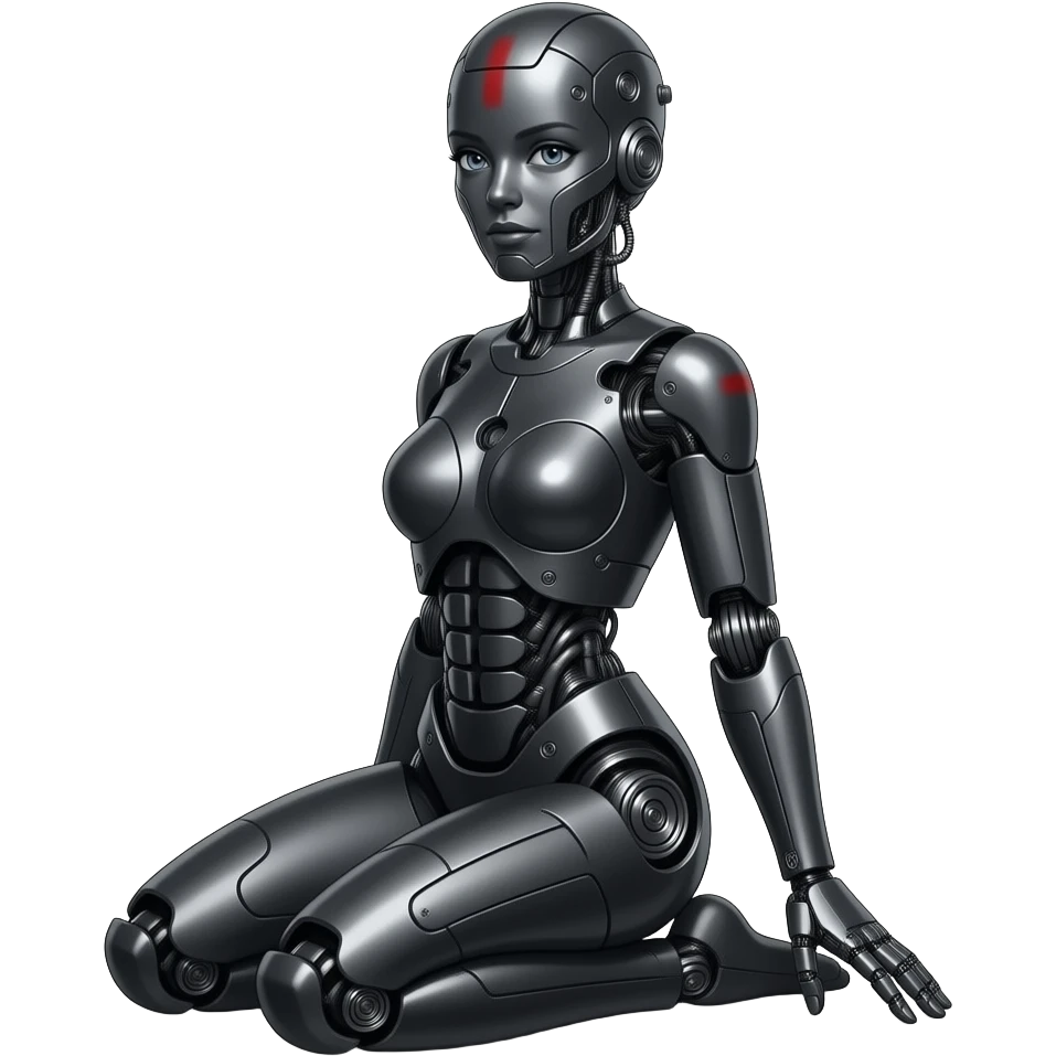 A mechanical woman made of dark gray steel with black and red markings,no human features, only robot features, entire body, sexy pose, robot face, full body pose emoji