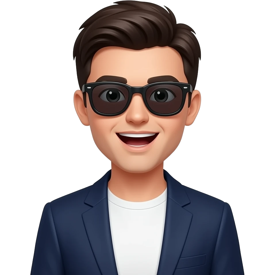 cute young man with completely dark sunglasses in white tshirt and navy blazer, his mouth is opened, eyes small, face round, short neck emoji