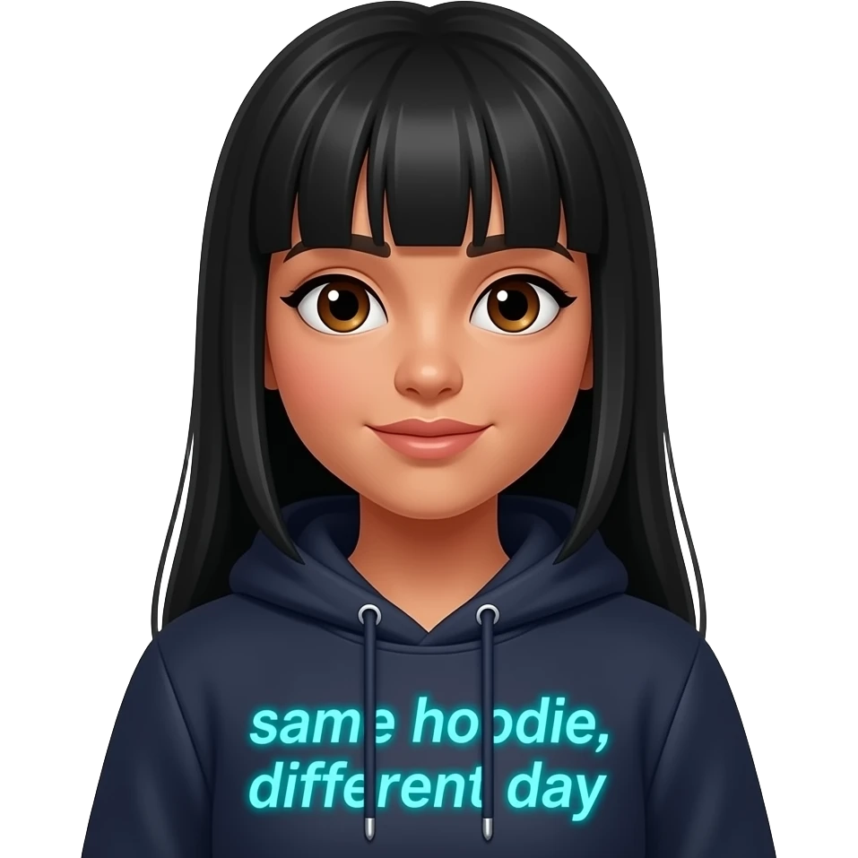 Make a girl with long straight black hair and brown eyes. Make her tanned and she has to wear a hoodie saying same hoodie, different day in neon blue emoji