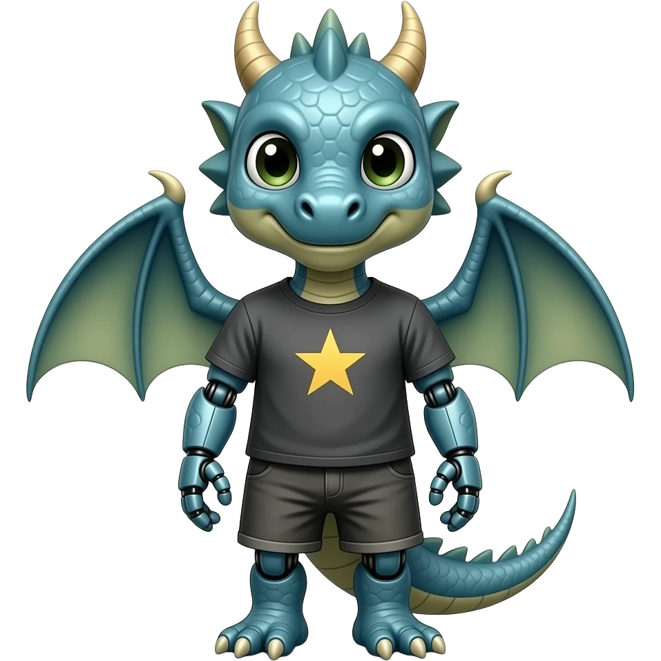 A humanoid robot dragon wearing a tee shirt and shorts emoji