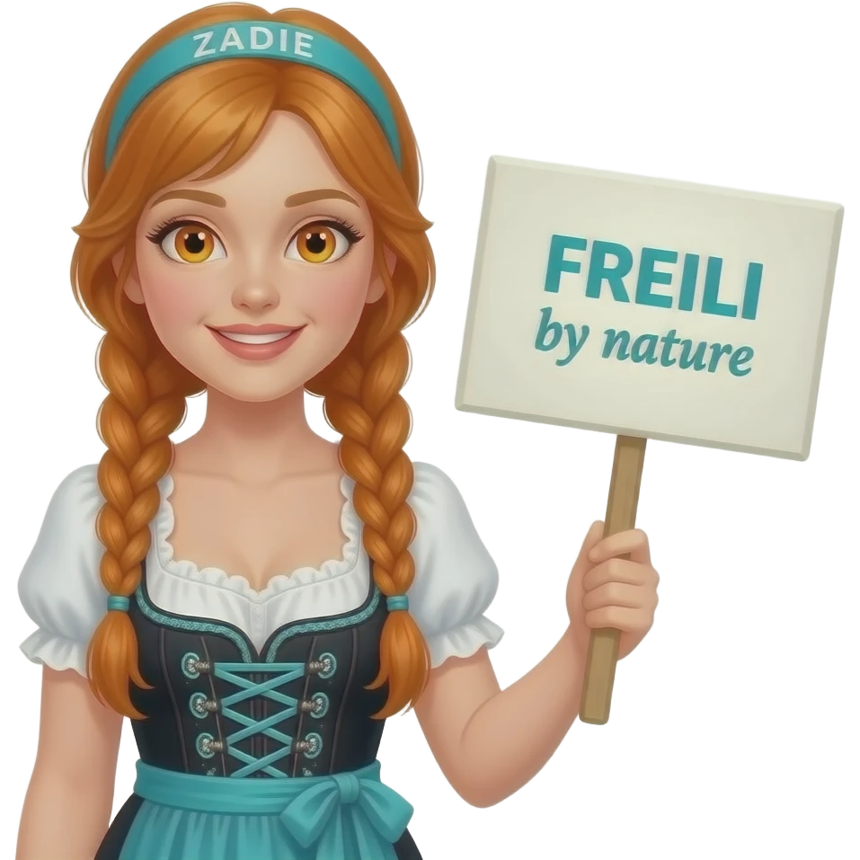 sexy girl with overlong ginger braids and ginger eyes wearing a black turquoise dirndl and a turquoise headband with ZADIE written on it, is holding a sign with FREILI by nature written on it emoji