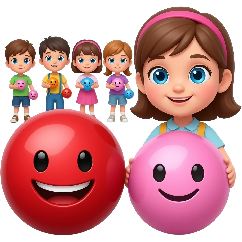 draw a Realistic, kind, three-dimensional red ball from the game Red Ball 4 smiling with a pink ball, a girl with blue-blue eyes, and children with small balls. Real live balls, cute and smart, they are not toys or made of metal, they do not have arms and legs several options 4:3 emoji