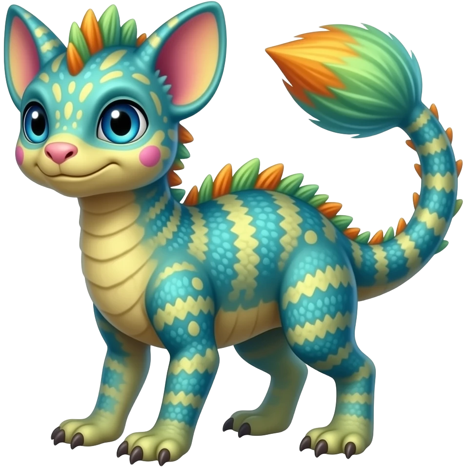 Feral Rare Fantasy vibrant colorful tropical cute, kawaii, cool, ed Vernid-Trico-species by LiLaiRa, random markings, tufted tail, tufted ears, full body, cheek markings emoji