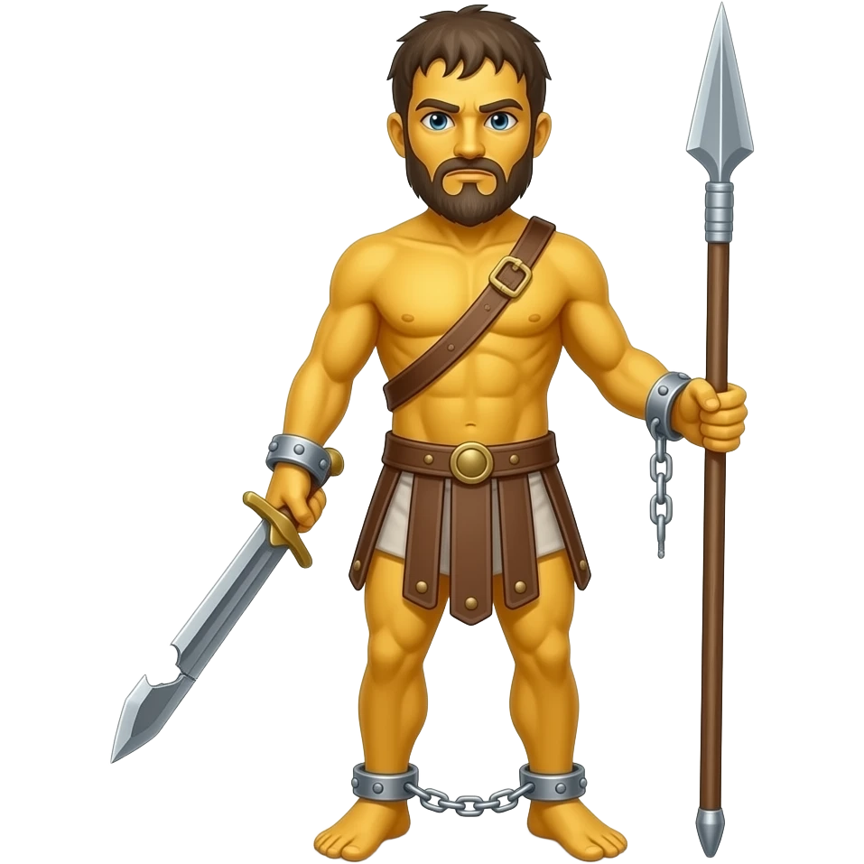 spartacus, minimal, full body, yellow skin, tipical emoji caracter style, more emojis style, more minimal, with weapons, more simplistic, emoji style, shackles on wrist with broken chains emoji