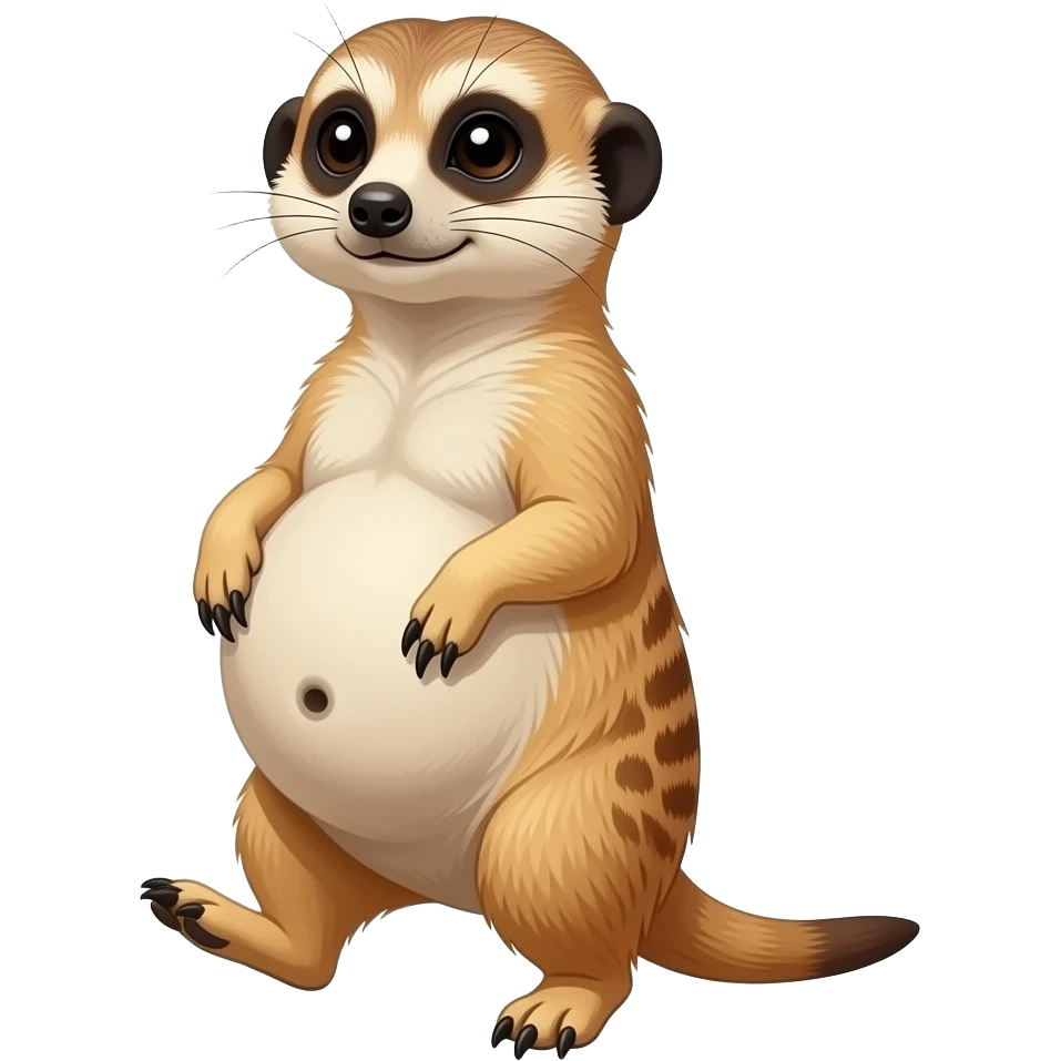 A female Meerkat now wants to give a try to walk,but with her full belly so big she has to hold it up off the ground,it is a guessing game if she is gonna all the way home ,but she knows she is just fat,her bellybutton makes agreement with clues. emoji