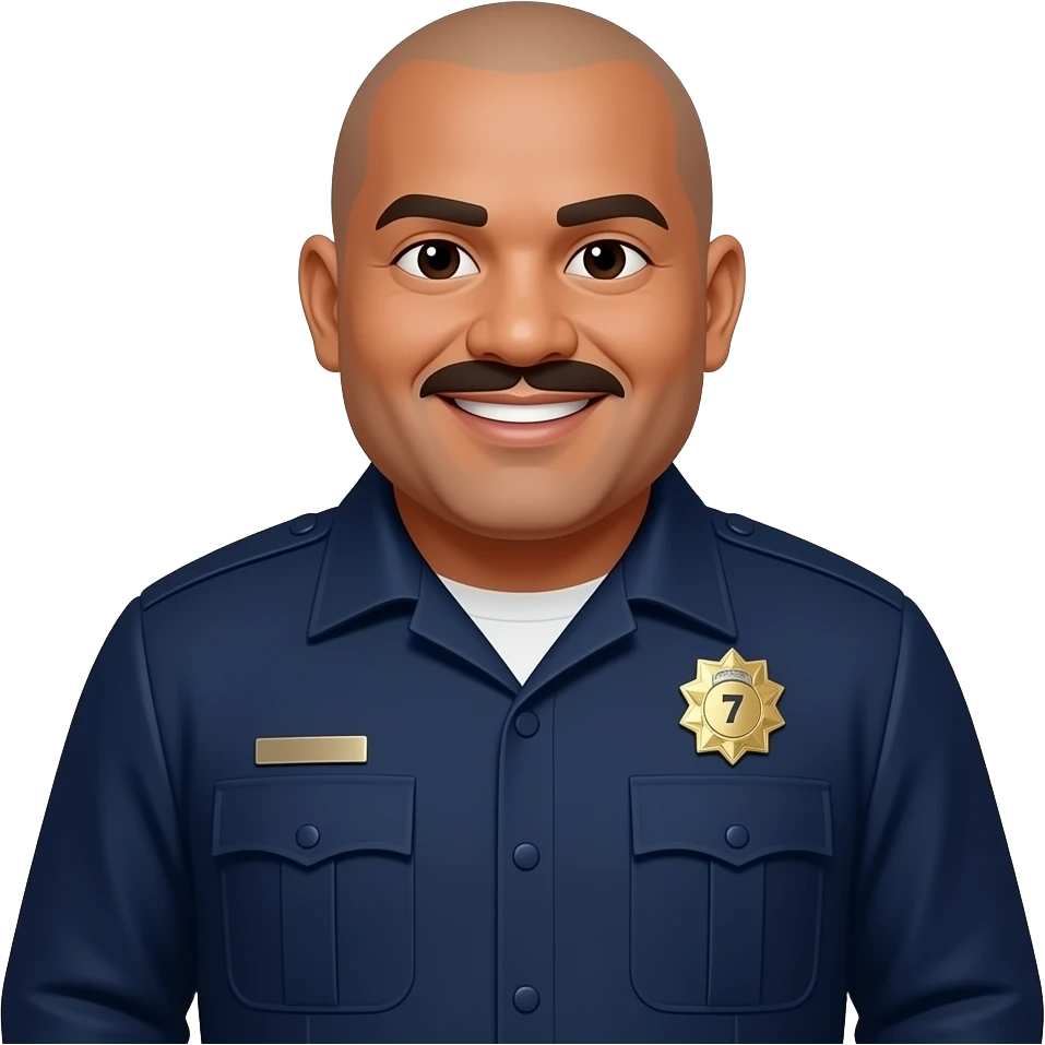 fat filipino police officer with dark skin, bald, pointed moustache, wearing long sleeve dark blue uniform with 7-point gold star, smiling, double chin emoji