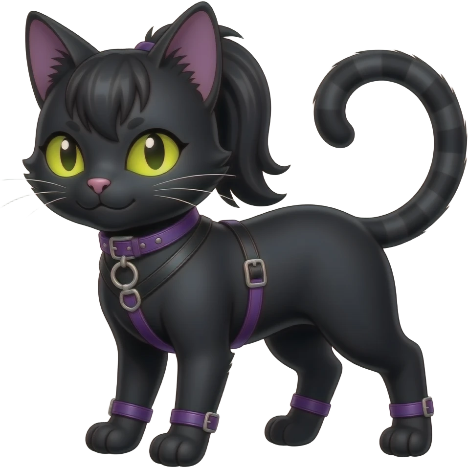 Gorgeous furry tomboy-And hairstyles anthropomorphic digitigrade human-like gothic dark techwear anime style anthro black cat furry sona Fakemon with blushing face yellow-green eyes with ponytail, aesthetic and pretty edgy black with violet collar and harness trending style emoji