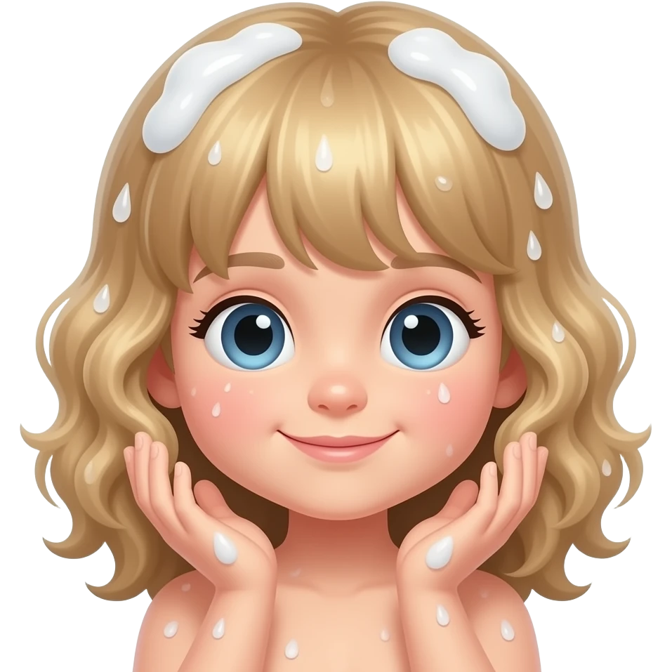 white kid  mid length hair to shoulders with bangs soft curly hair to shoulders in color: middle to little darker blond. shower her hair lather in hair with her hands emoji