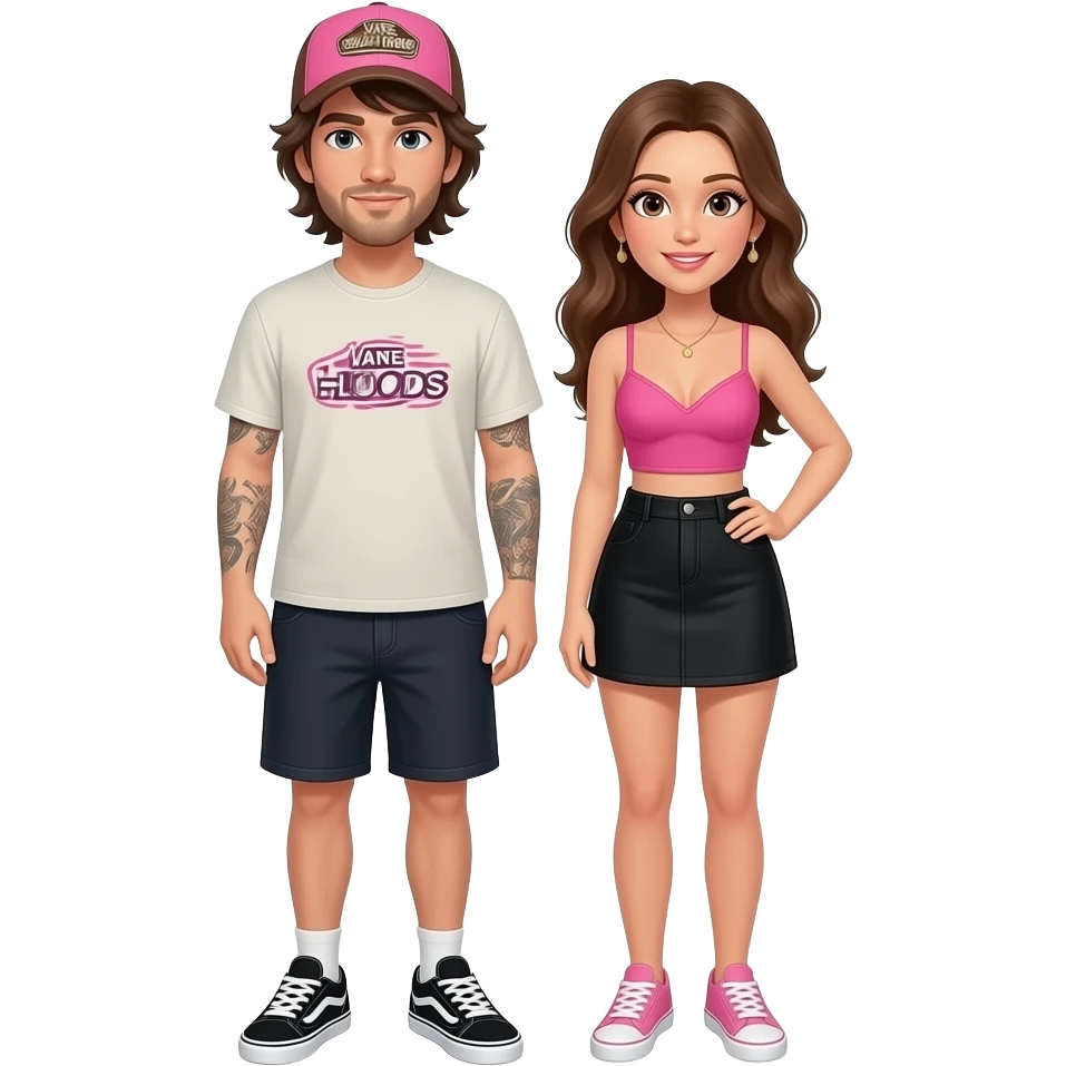 Jeune couple qui vendent des vêtements de la marque "Hoods" sur la plage. Homme cheveux mi long et bras droit tatouages. Vans et casquette rose et marron von dutch. Petite femme brune cheveux long. Jupe courte noire et bustier rose fushia emoji