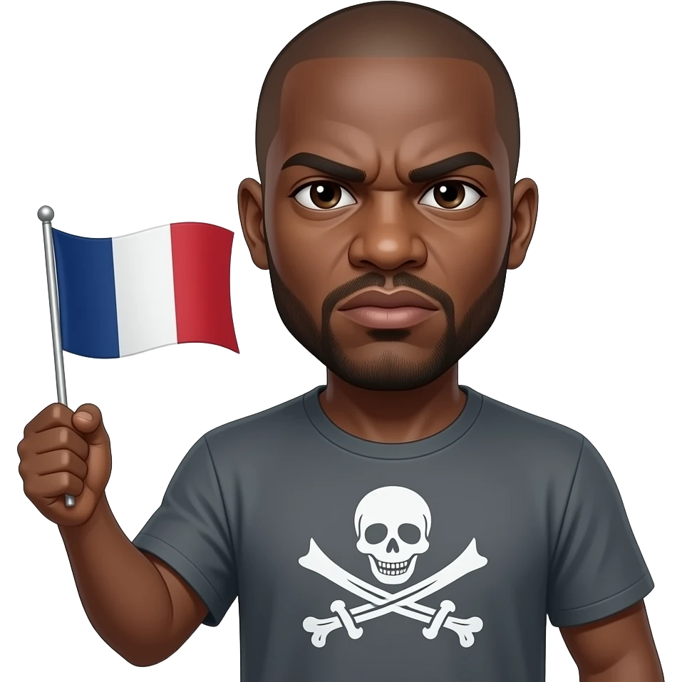 french rapper booba very ressemblant with real bald head and no opaque beard et angry eyebrows et unkut teeshirt holding the pirate flag emoji