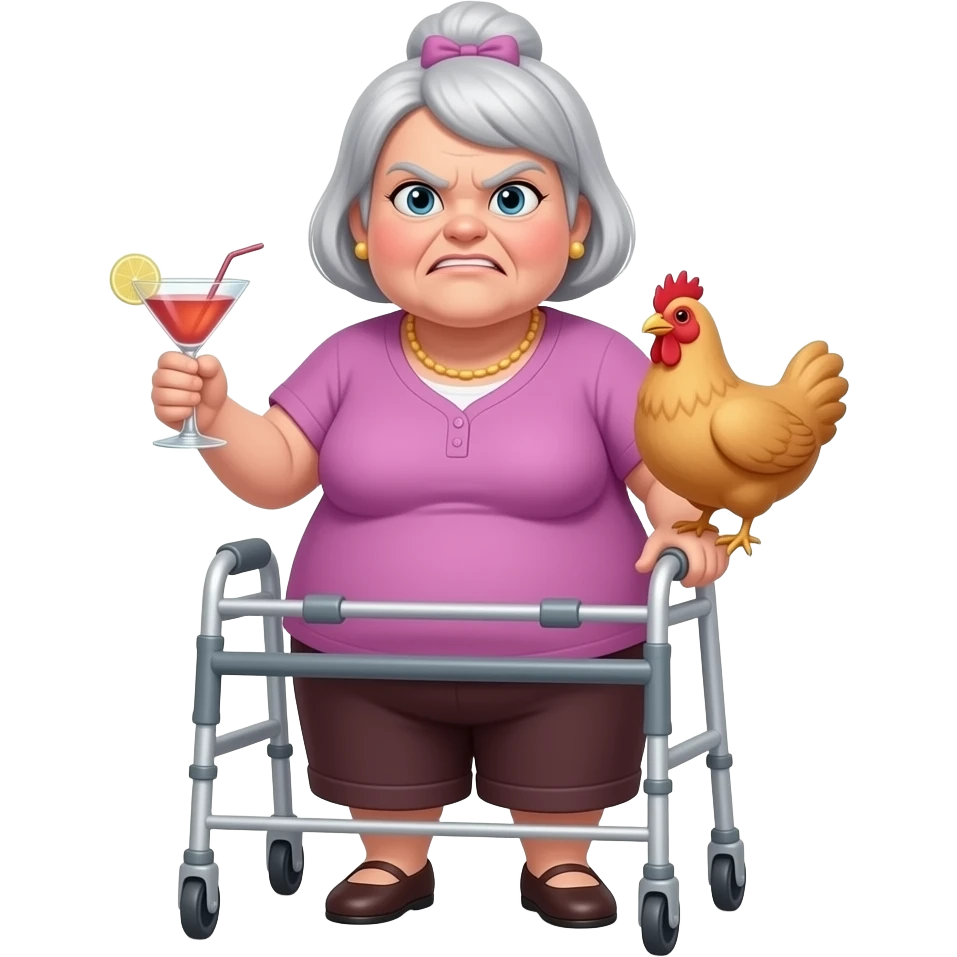 angry obese old lady with walker and cocktail and chicken emoji