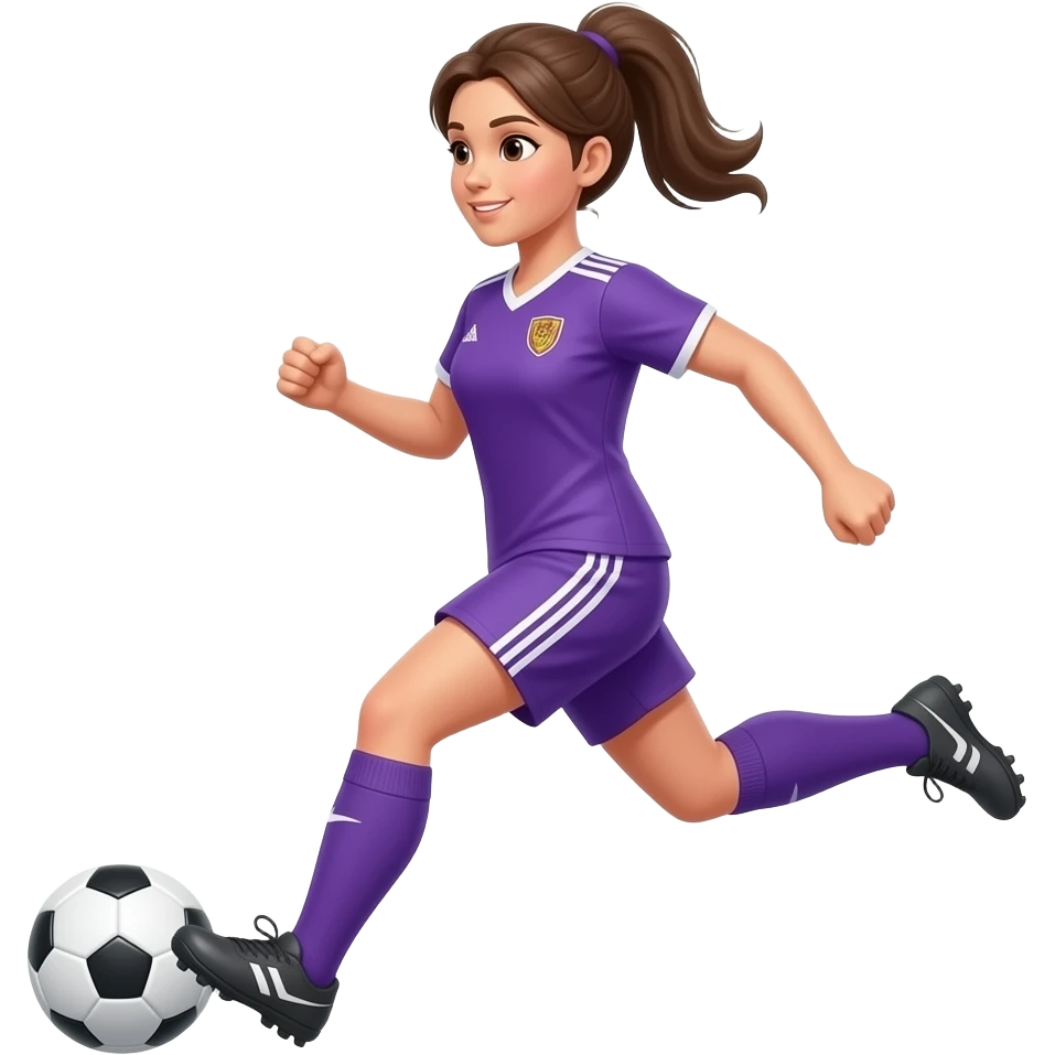 can you generate an apple style emoji of a female soccer player? she needs to be running with the ball on her feet, without a team suggestive uniform. the uniform can be a solid color like purple. needs to be the apple style!!! she must be prepairing to kick the ball. emoji