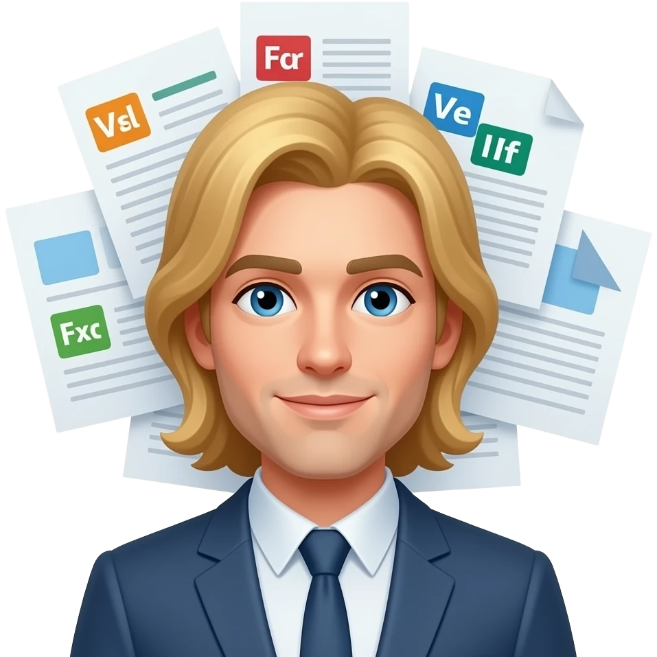 master data specialist with xls csv xml sheets and docs around his head , blond long hair emoji