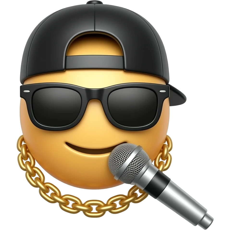 iOS-like 3D hip-hop emoji icon, black baseball cap, sunglasses, gold chain, microphone, soft rounded glossy texture, clean white background, centered composition, minimal cute icon style. No face, no character, no person, no head. emoji