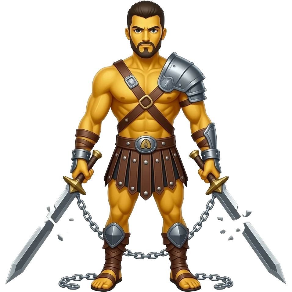 spartacus, minimal, full body, yellow skin, tipical emoji caracter style, more emojis style, more minimal, with weapons, more simplistic, emoji style, shackles on wrist with broken chains emoji
