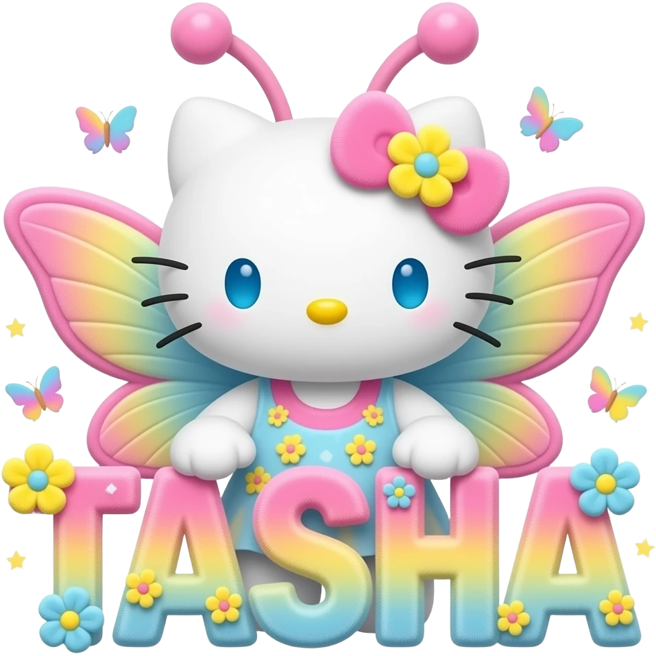 White velvety fur 3D hello kitty head, pink yellow blue ombre 3D flower ...