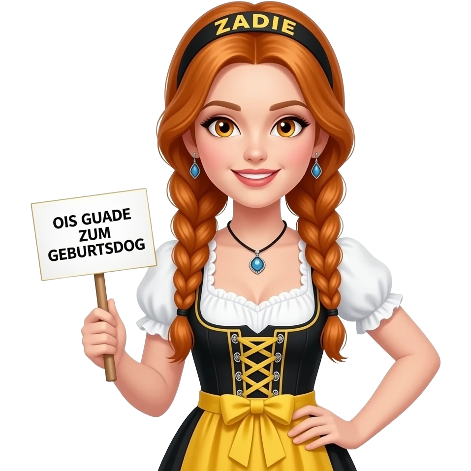 sexy girl with overlong ginger braids and ginger eyes wearing a black yellowdirndl and a headband with ZADIE written on it, is holding a sign with OIS GUADE ZUM GEBURTSDOG 🎂 written on it emoji