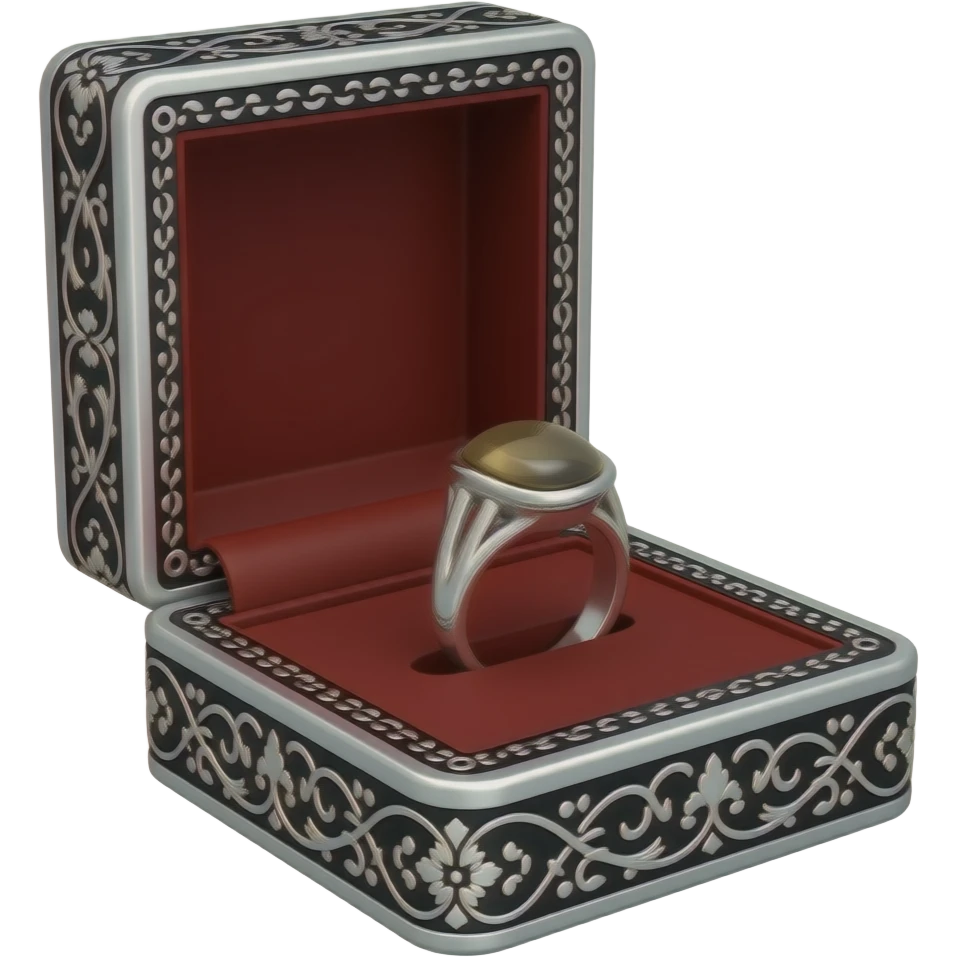 Onyx ring in a silver box with Black ornate trim and red interior emoji