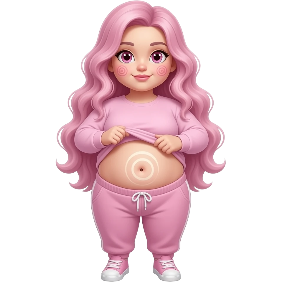 White obese girl pink eyes light pink swirly long hair pink swirl cheeks light pink plain long sleeve shirt light pink sweat pants light pink shoes lifting her shirt showing belly button swirl emoji