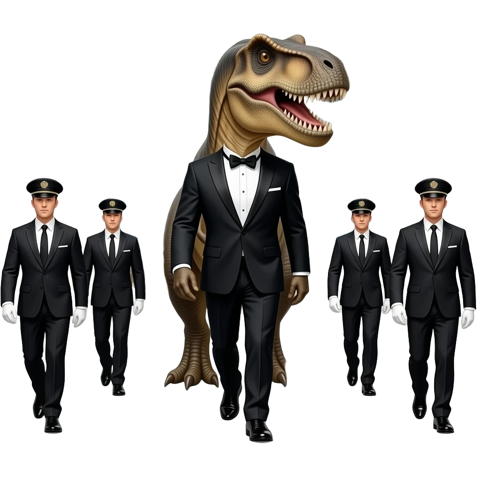 Dinosaur with luxury guards walking off a bank emoji
