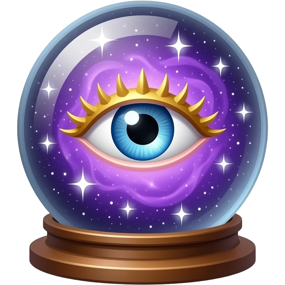 Crystal all-seeing ball on a stand (inside a purple nebula and an all-seeing eye with golden eyelashes) with white sparks (outside the edges) emoji