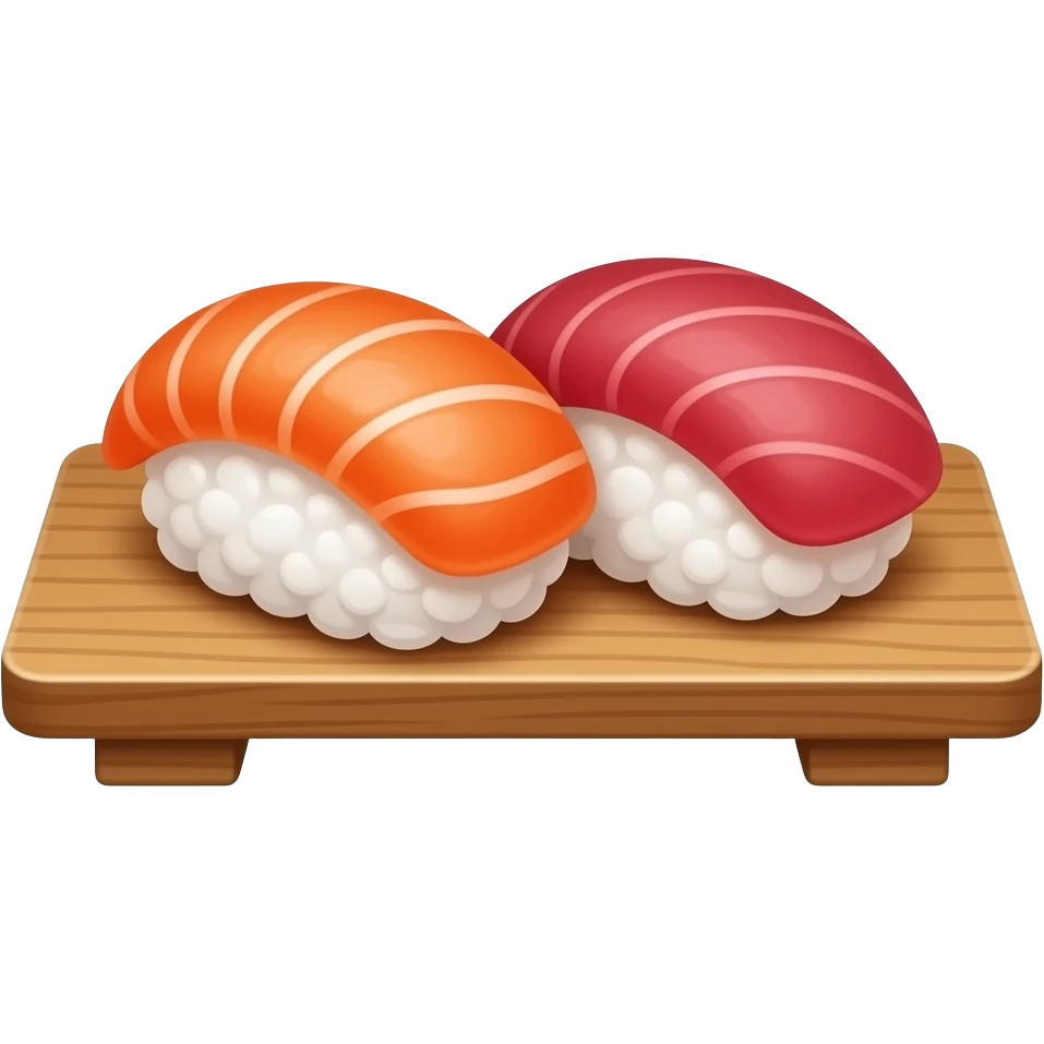 3D emoji style Japanese nigiri sushi, two pieces side by side, 
small white rice ovals topped with fresh salmon and tuna slices, 
on a wooden board, Apple emoji aesthetic, soft highlights, 
transparent background, bold simple shapes emoji