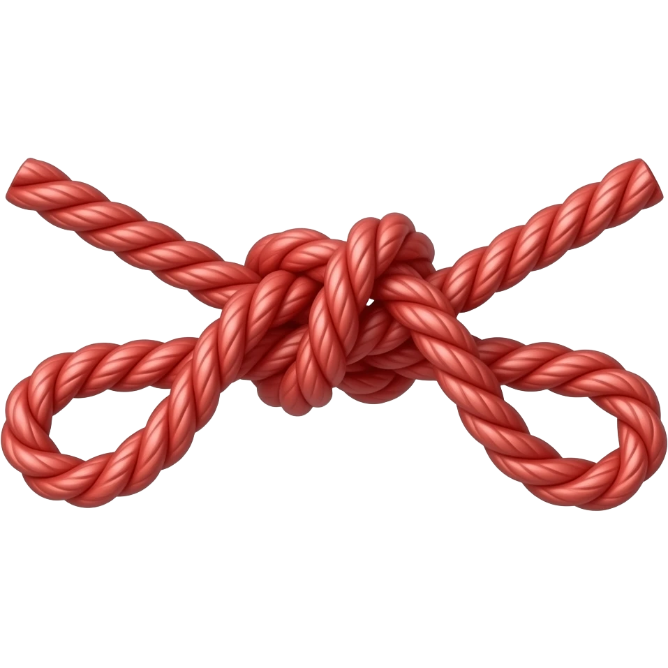 two lines of thin red string knotted together at the middle, realistic looking string, thinner, less reflective like actual string emoji