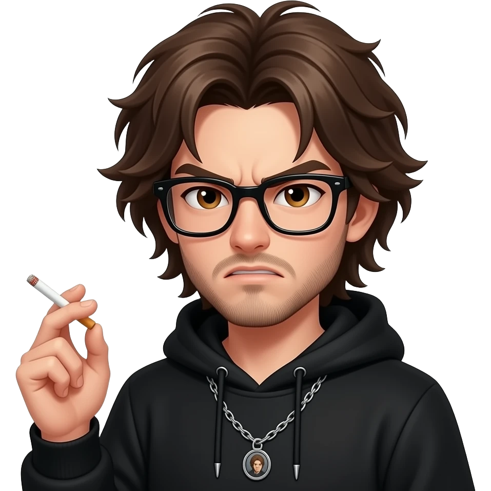 Brown hair long emo, black hoddie, angry boy,glasses, cigarett, littel bit beard, brown eyes, chain emoji
