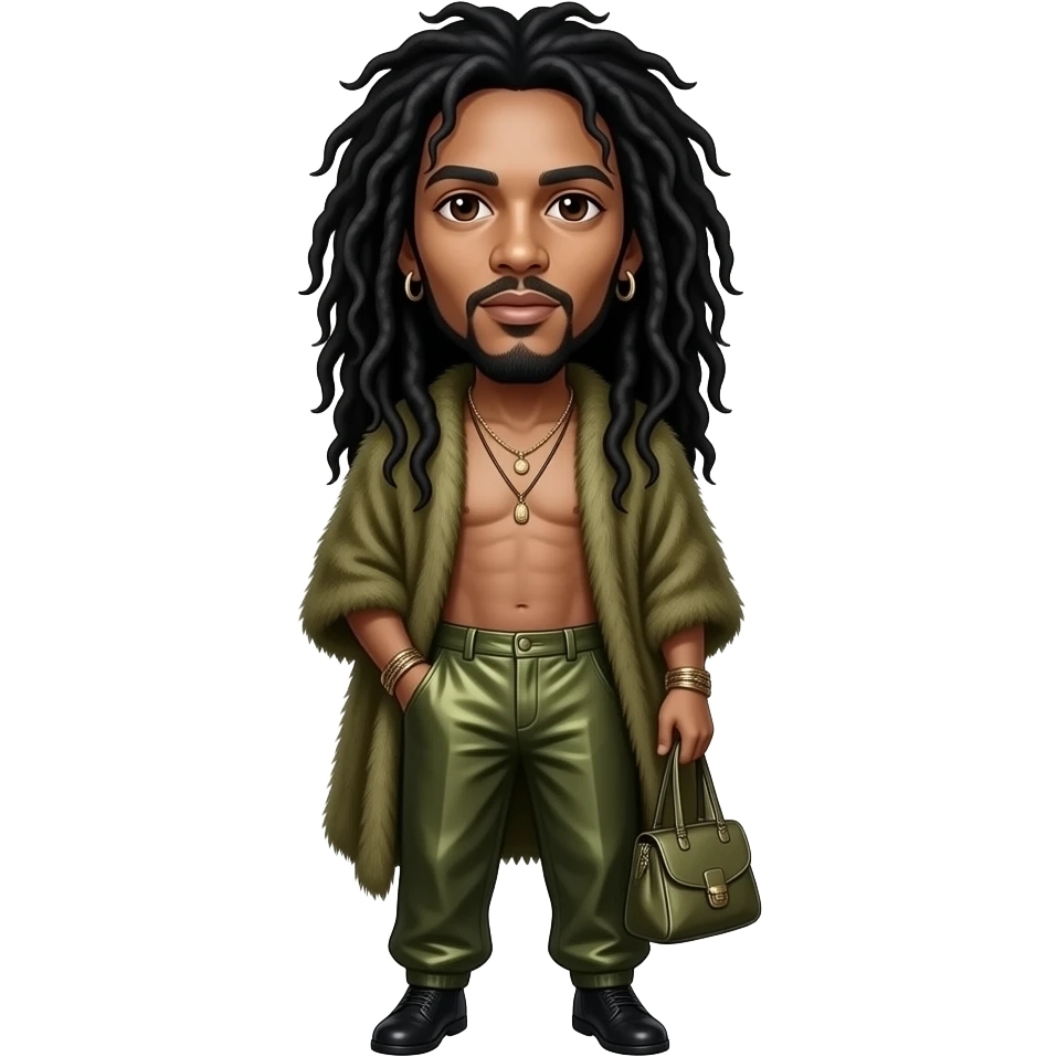 Bob Marley with dark brown eyes, long black hair, olive fur shawl, olive metallic baggy pants, shirtless with necklace and earrings emoji