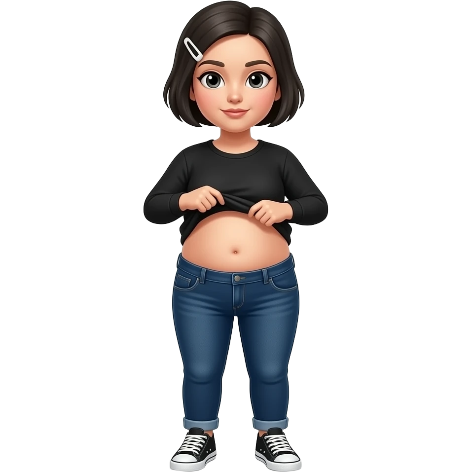 White woman with black short hair, white hair clip on the left of her hair, plain black long sleeve shirt, dark blue jeans, white and black sneakers, and a chubby body lifting her shirt to show her clean chubby belly emoji