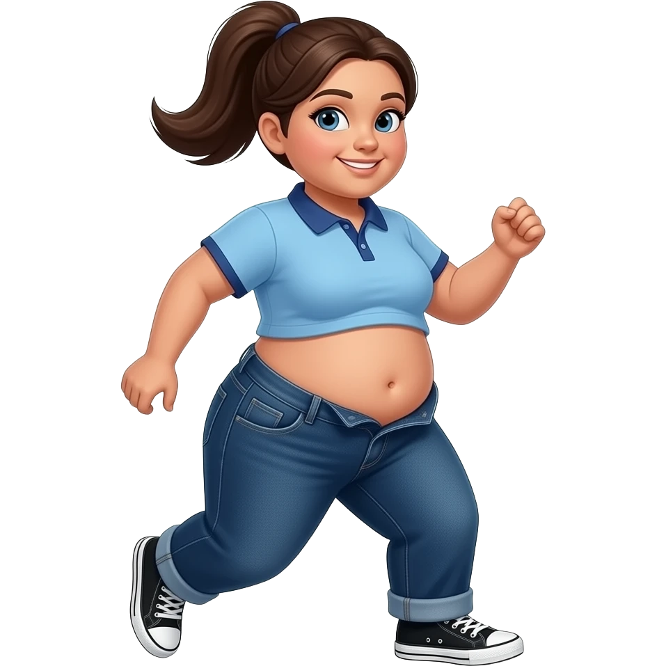 Obese Hispanic girl with brown ponytail and blue eyes light blue dark blue lined polo and dark blue baggy jeans and belly button and black and white sneakers belly waving movement emoji
