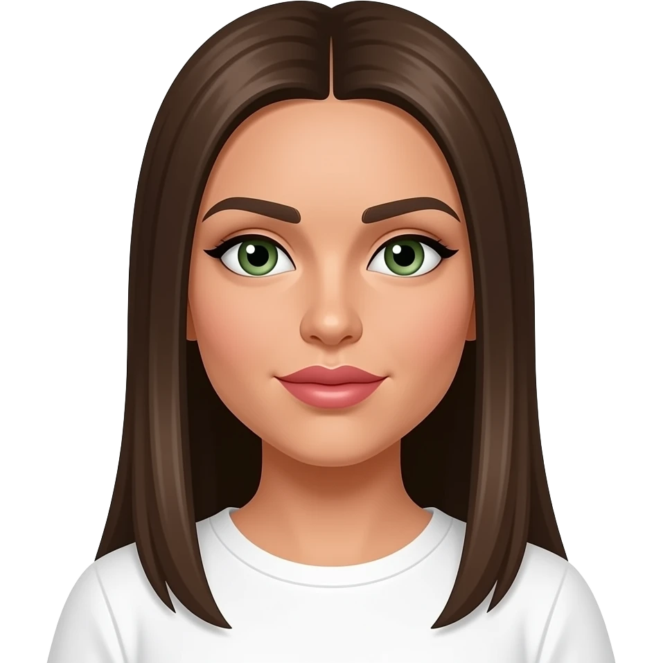 super long brown  middle part straight haired , tan girl with green eyes and big plump lips small button nose, and has a round face and is a latina, from her chest up with a simplewhite shirt, has very straight eyebrows emoji
